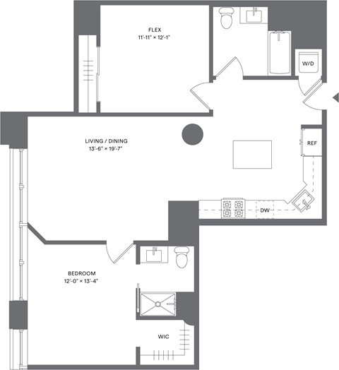Floor plan for 1 bed, 2 baths, 1061 sqft
